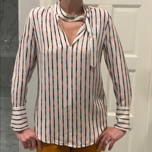 Equipment White and Black Striped Top with Orange Accents